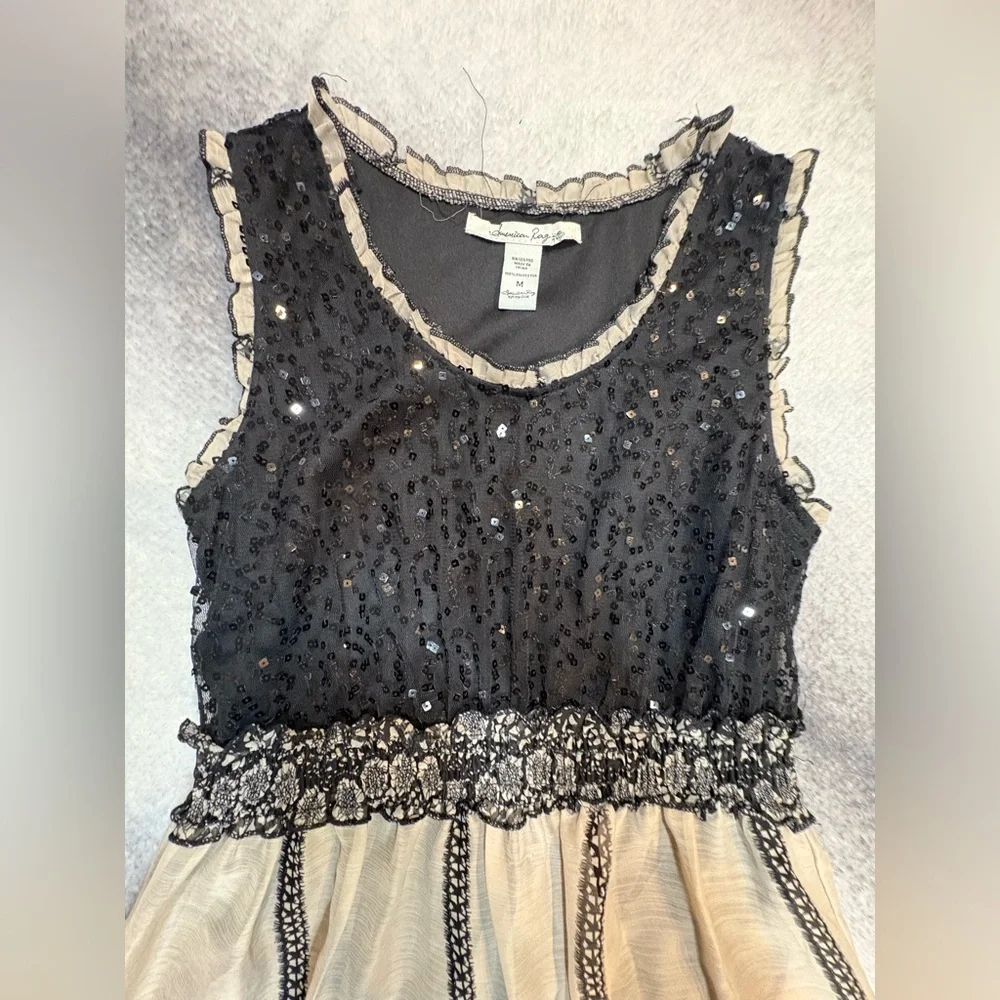 American‎ Rag Cie Black Cream Sequin Organza Print Fit Flare Dress Medium M